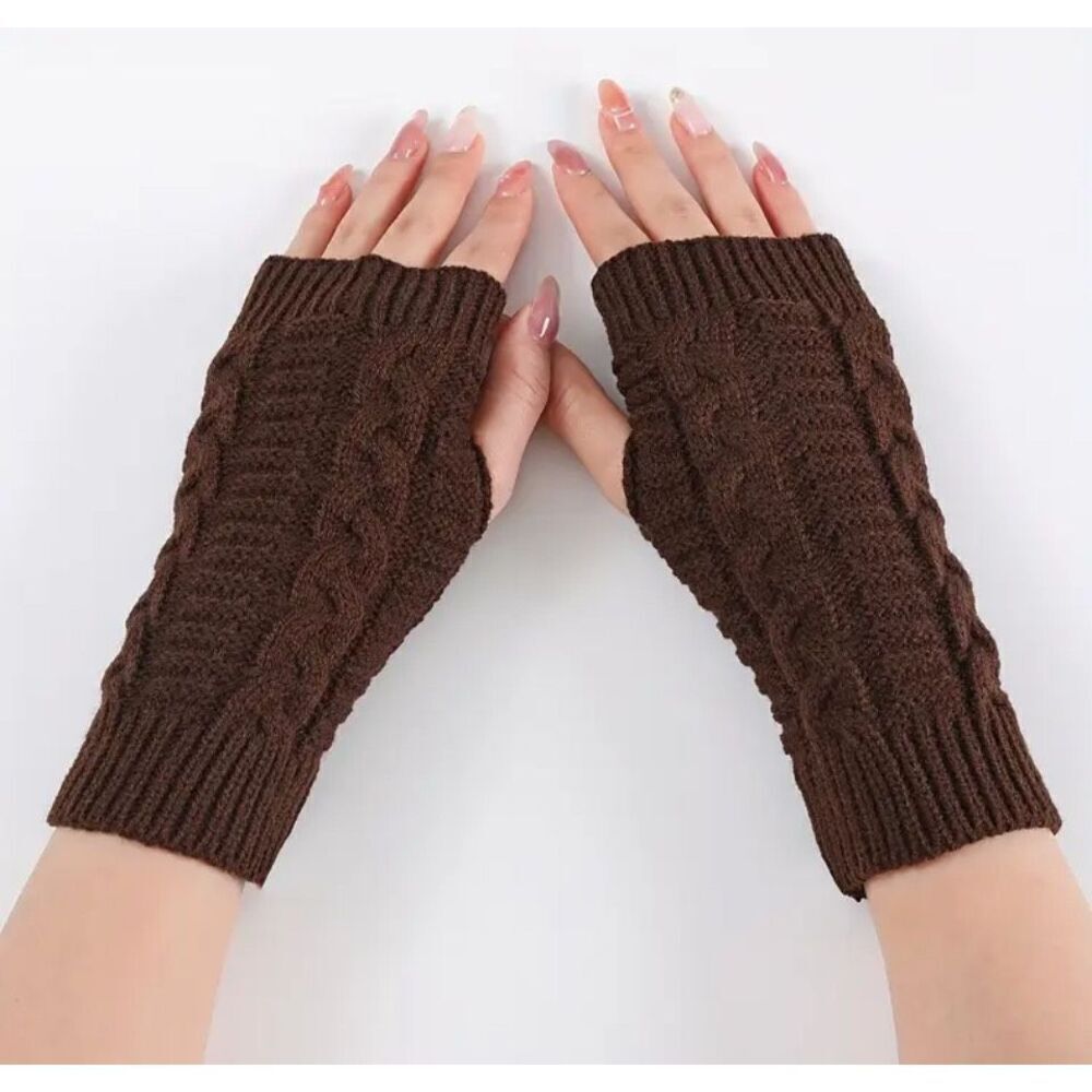 Women’s Cable Knit Fingerless Gloves Brown One Size